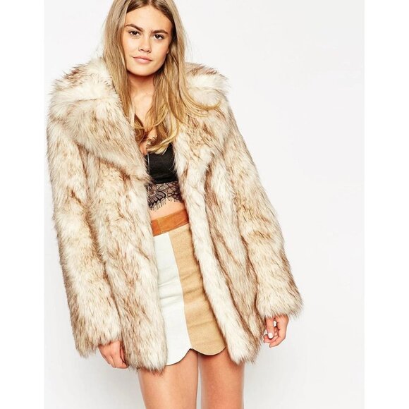 💋BOHO CLAM💋VTG 70s Vibe Lux Chunky Vegan Topped Fox Fur Coat in Beige & Black - Picture 5 of 16